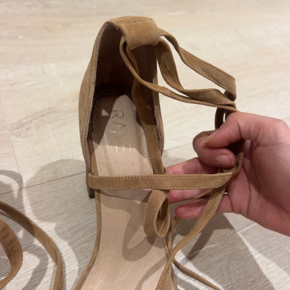 RAYE Tan Suede Lace Up Block Wood Heel Sandals Pointed Open Toe Size 39